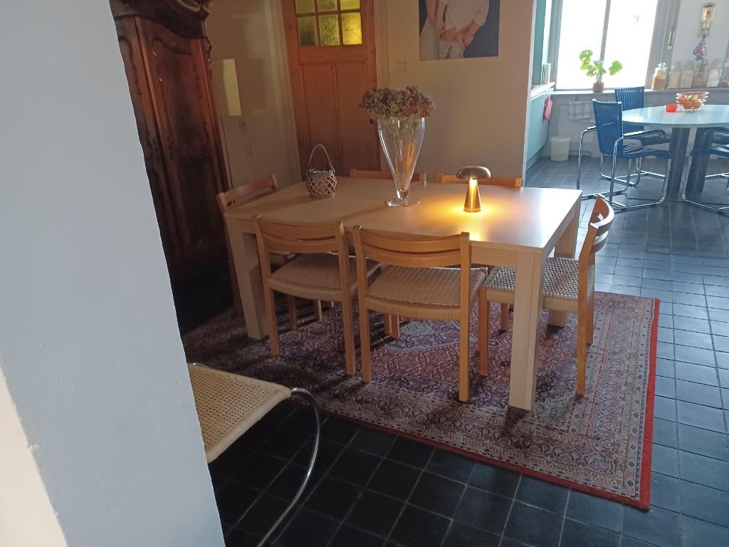 6 x Moller-stoel  model 401 met gratis tafel, Huis en Inrichting, Ophalen, Bruin, Zo goed als nieuw, Overige materialen