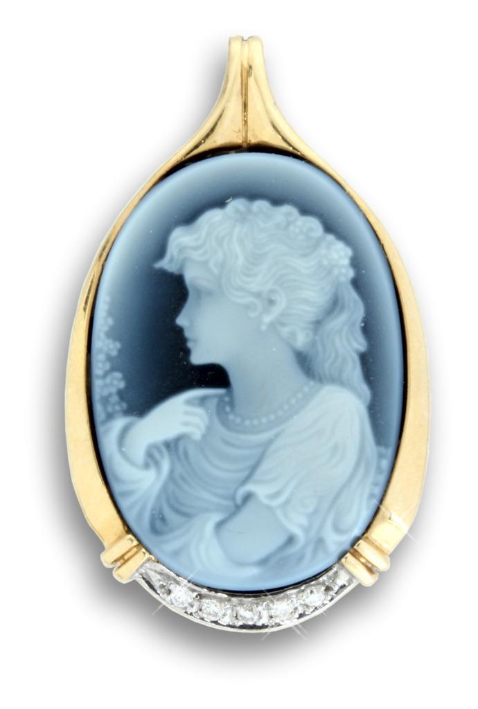 Hanger 18 kt goud met agaat (blauwe cameo) met briljanten, Ophalen of Verzenden, Nieuw