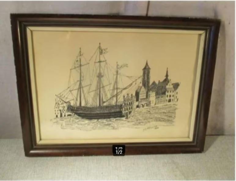 Beau vieux dessin à la plume «Voilier sur le quai - Defilett, Enlèvement ou Envoi