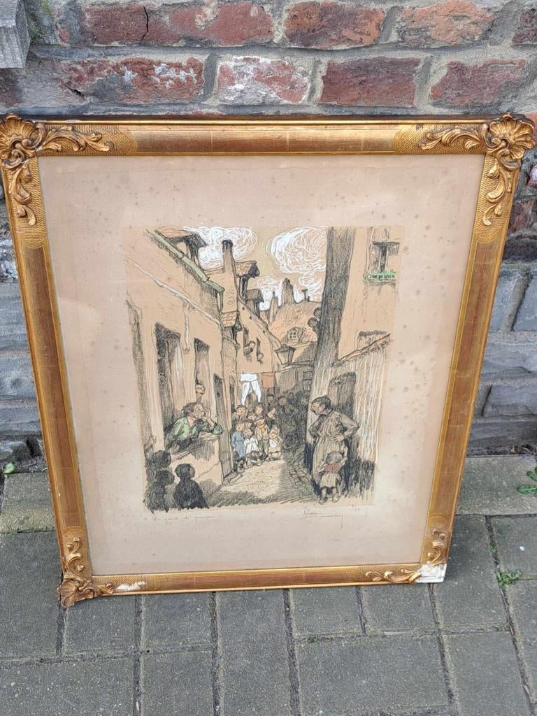 lithographie rehausse de pastel signe romeo dumoulin, Antiek en Kunst, Ophalen of Verzenden