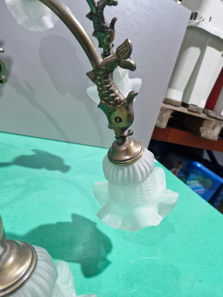 Koperen luster met vis versiering met 8 lampen, Antiek en Kunst, Ophalen