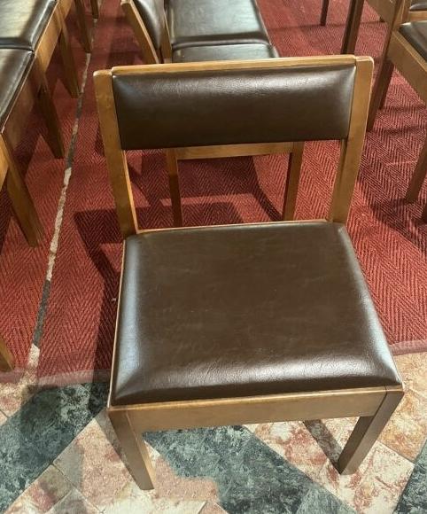 houten stoelen met lederen bekleding, Huis en Inrichting, Ophalen, Gebruikt, Bruin, Vijf, Zes of meer stoelen
