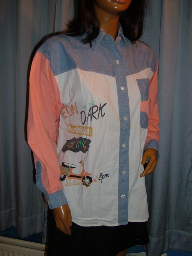 Super girls hemd Neon in the dark Oranje blauw wit Large, Overige kleuren, Maat 42/44 (L), Ophalen of Verzenden, Gedragen