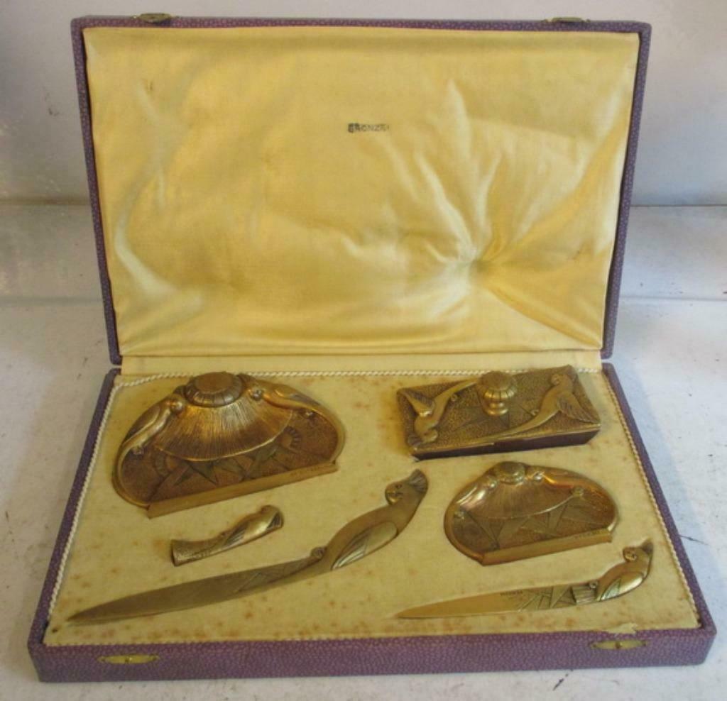 art deco bronzen bureaustel 6 stuks met papegaaien Perrin, Antiek en Kunst, Verzenden