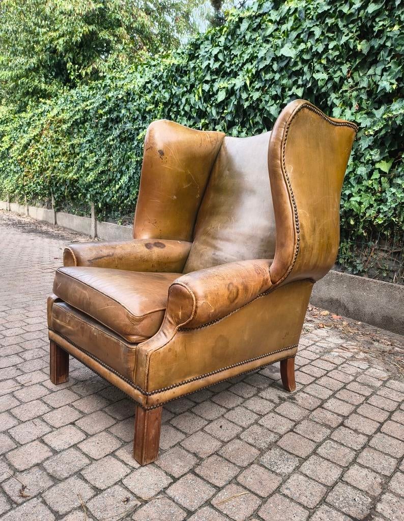 Antieke Oorfauteuil Echt Lederen Prachtige Patina Te Koop, Antiek en Kunst, Antiek | Meubels | Stoelen en Sofa's, Ophalen