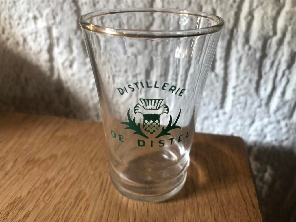jenever borrelglas DE DISTEL mechelen, Ophalen of Verzenden, Gebruikt, Borrel- of Shotglas