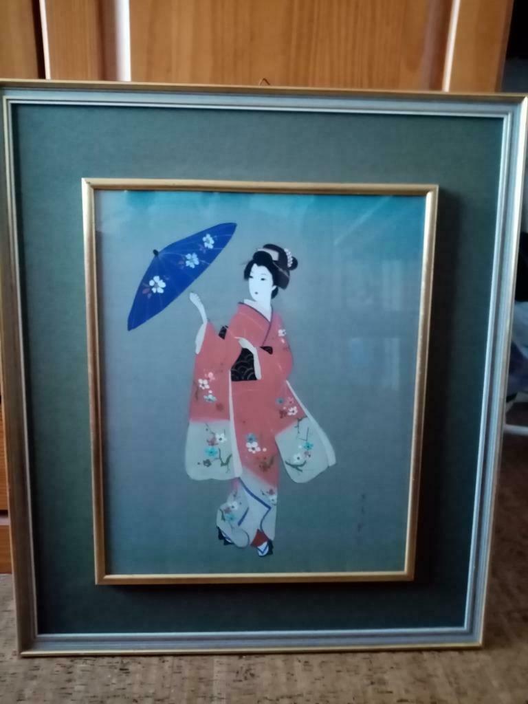 Peinture traditionnel japonaise  sur  soie "Bijing-ga" 1950, Enlèvement