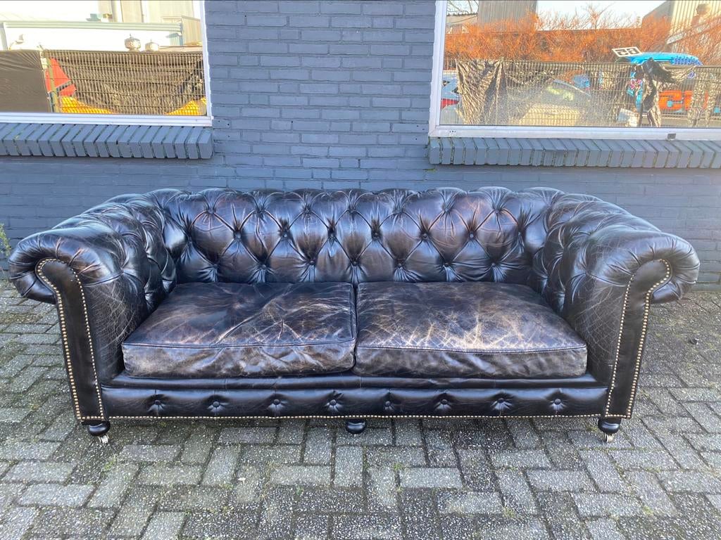 Stoere Chesterfield Bank vintage zwart GRATIS GELEVERD, Ophalen of Verzenden, Leer