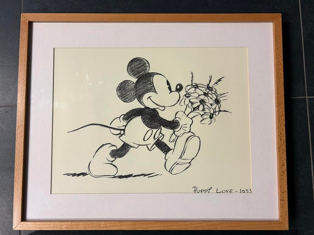 Prachtige Mickey Mouse tekeningen in houten kader, Antiek en Kunst, Ophalen of Verzenden