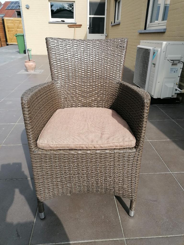 Zes stoelen met kussens., Huis en Inrichting, Stoelen, Ophalen, Gebruikt, Bruin, Metaal