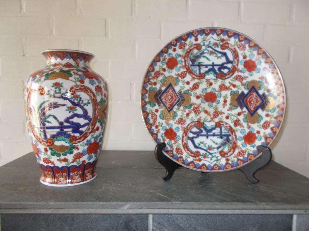 handgeschilderd bord en vaas, Antiek en Kunst, Ophalen of Verzenden