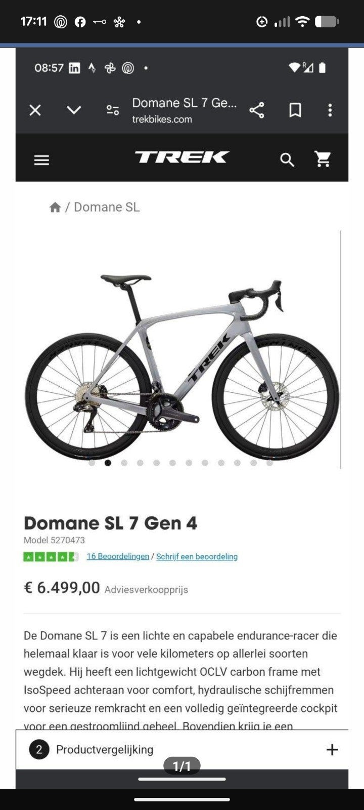 Trek Domane SL 6 Gen 4 (eTap / AXS) – Maat 58 full carbon, Ophalen, Carbon