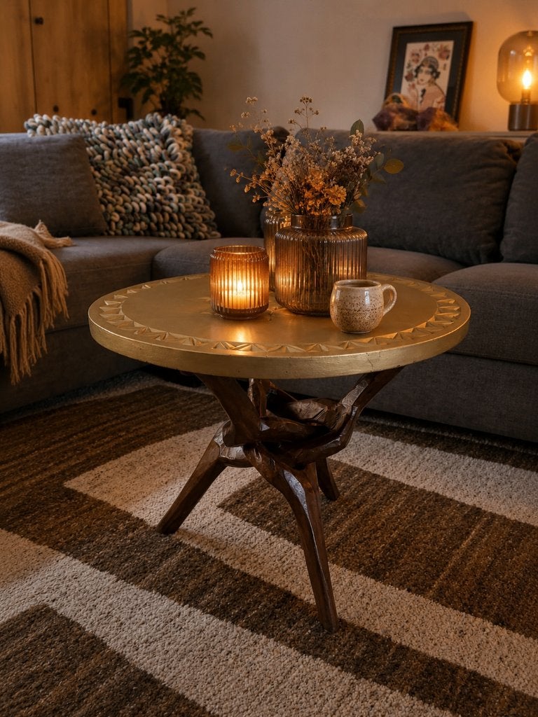 Handgemaakt Afrikaans salontafeltje – gouden blad, Huis en Inrichting, Tafels | Salontafels, Ophalen, Rond