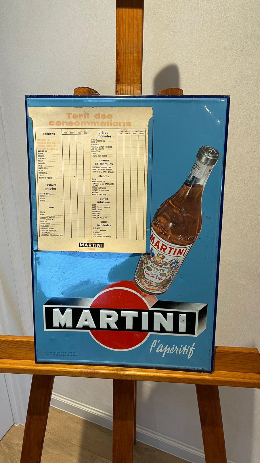 Liste de prix des martinis en conserve., Enlèvement ou Envoi, Utilisé, Panneau publicitaire