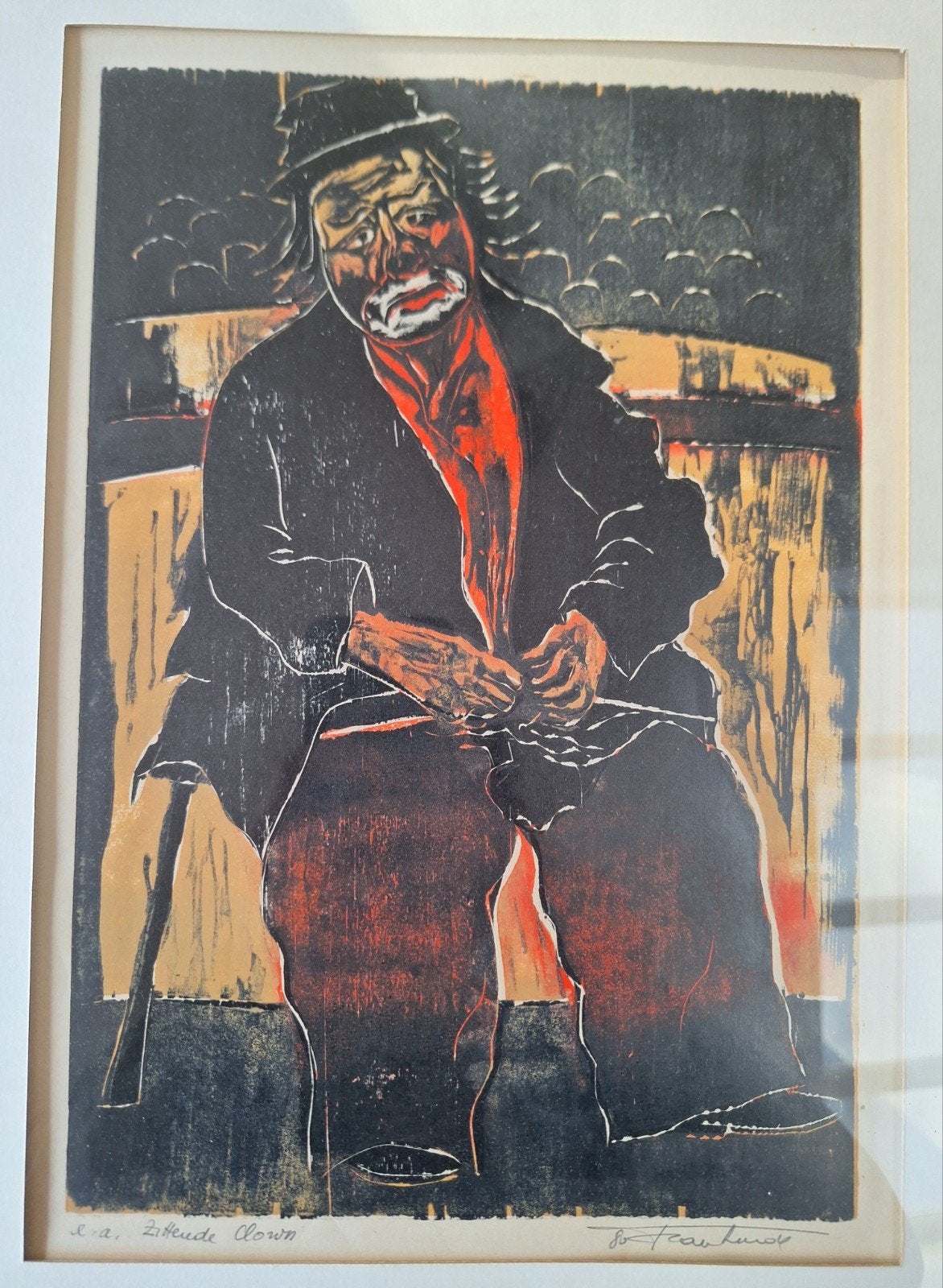 Zittende Clown meerkleurig houtsnede, Ophalen of Verzenden, Houtsnede, Gesigneerd
