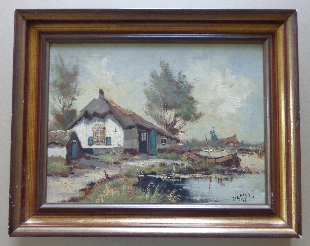 MARIJS / HOEVE NAAST VIJVER / OLIEVERF DOEK / 39x49cm KADER, Antiquités & Art, Enlèvement ou Envoi, Expressionniste, Toile, Maritime / eau