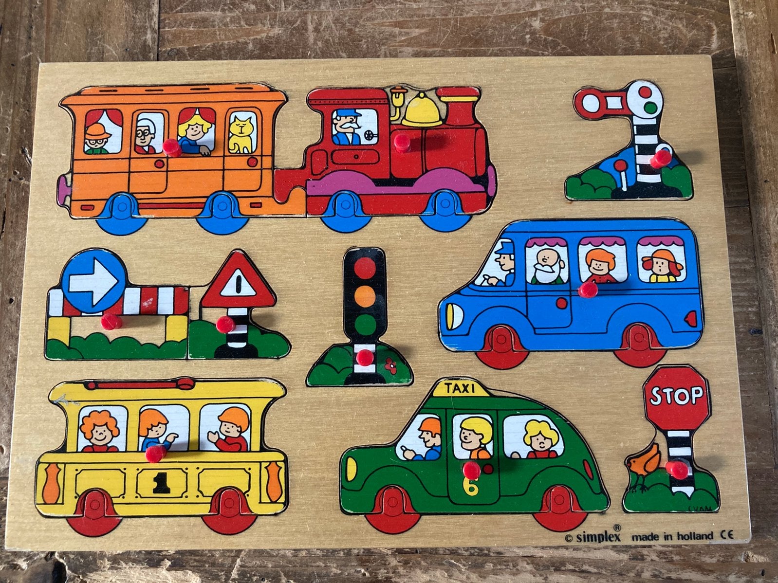 Vintage Houten legpuzzel simplex Voertuigen, Ophalen, 10 tot 50 stukjes, Zo goed als nieuw, Van hout