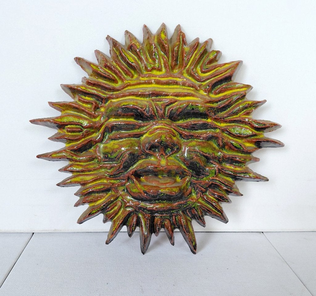 Vintage Keramieken Wandplaat Zon – Gesigneerd Jaren '70/'80, Wandsculptuur, 4 cm, Steen/keramiek, Ophalen of Verzenden
