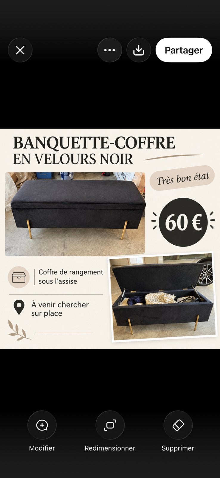 Coffre de rangement en velous, Enlèvement, Comme neuf