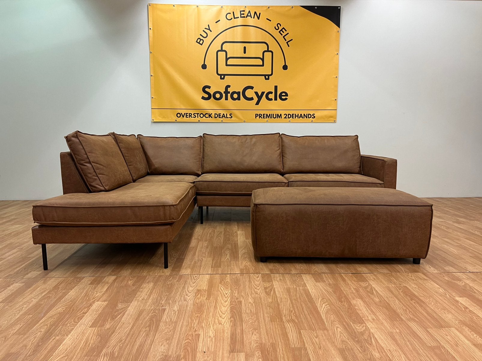 Chaise d'angle Cognac avec pouf LIVRÉE DEMAIN, Enlèvement ou Envoi, Comme neuf, SofaCycle, Info@sofacycle.be