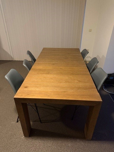 Mooie robuuste houten eettafel met 6 grijze eetkamerstoelen, Huis en Inrichting, Ophalen, Gebruikt, Eikenhout, 200 cm of meer