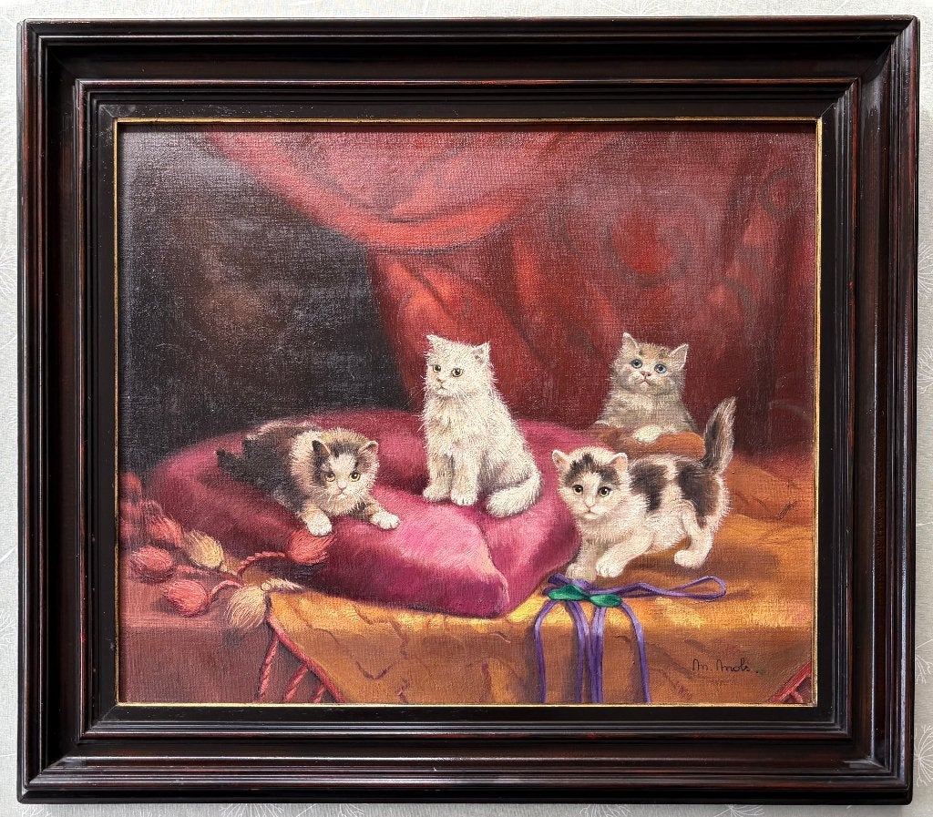 Schilderij: spelende katjes op een rood kussen 76x66cm, Enlèvement