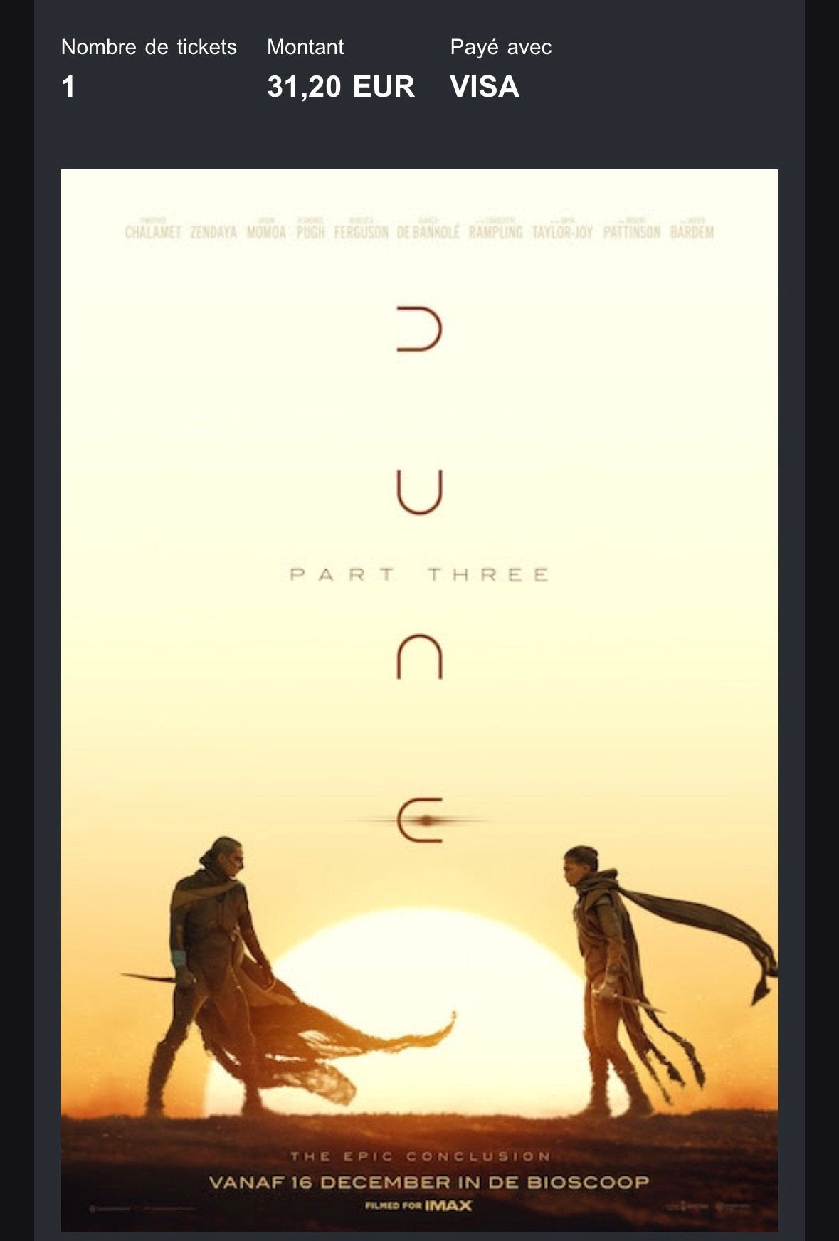 Dune 3 IMAX Avant première 15/12 - 19:15, Tickets & Billets