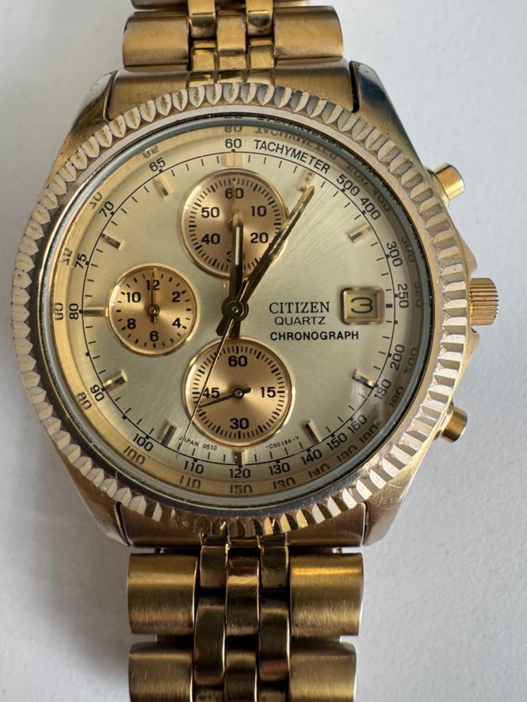 Citizen Quartz Chronograaf horloge — vintage gouden stijl, Antiek en Kunst, Ophalen of Verzenden