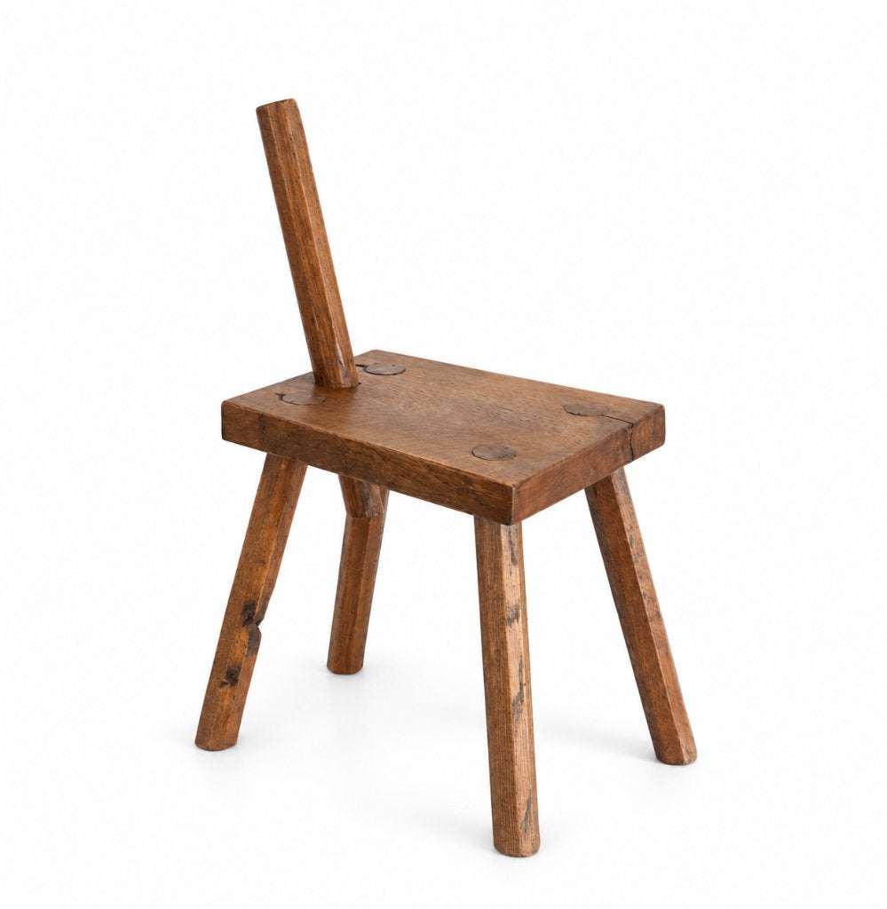 Vintage handgemaakt houten melkkrukje brutalistische stijl, Ophalen of Verzenden