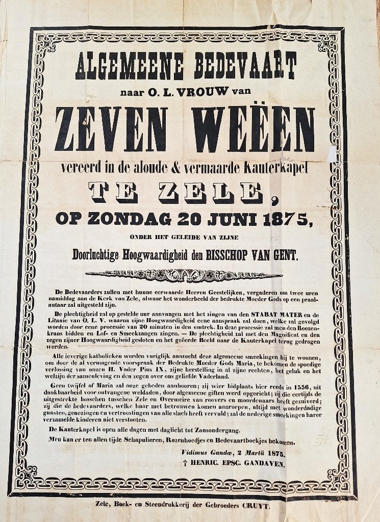 ZELE " Algemeene bedevaart v.O.L.Vrouw van zven weeën 1875, Verzamelen, Ophalen of Verzenden, Gebruikt, A1 t/m A3, Rechthoekig Staand