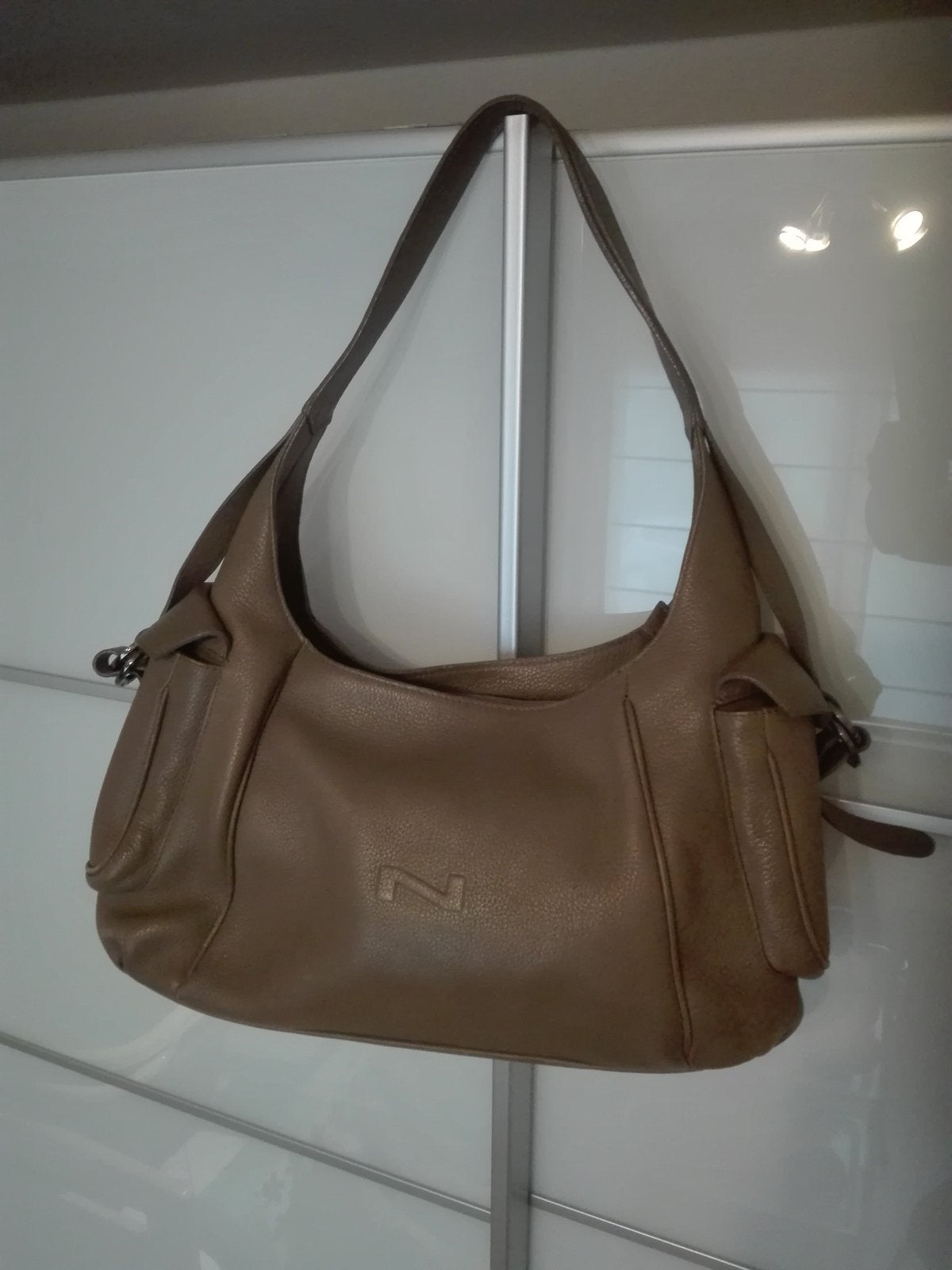 Mooie handtas leder merk “ NATHAN “, Handtassen en Accessoires, Tassen | Damestassen, Ophalen, Zo goed als nieuw, Bruin, Handtas