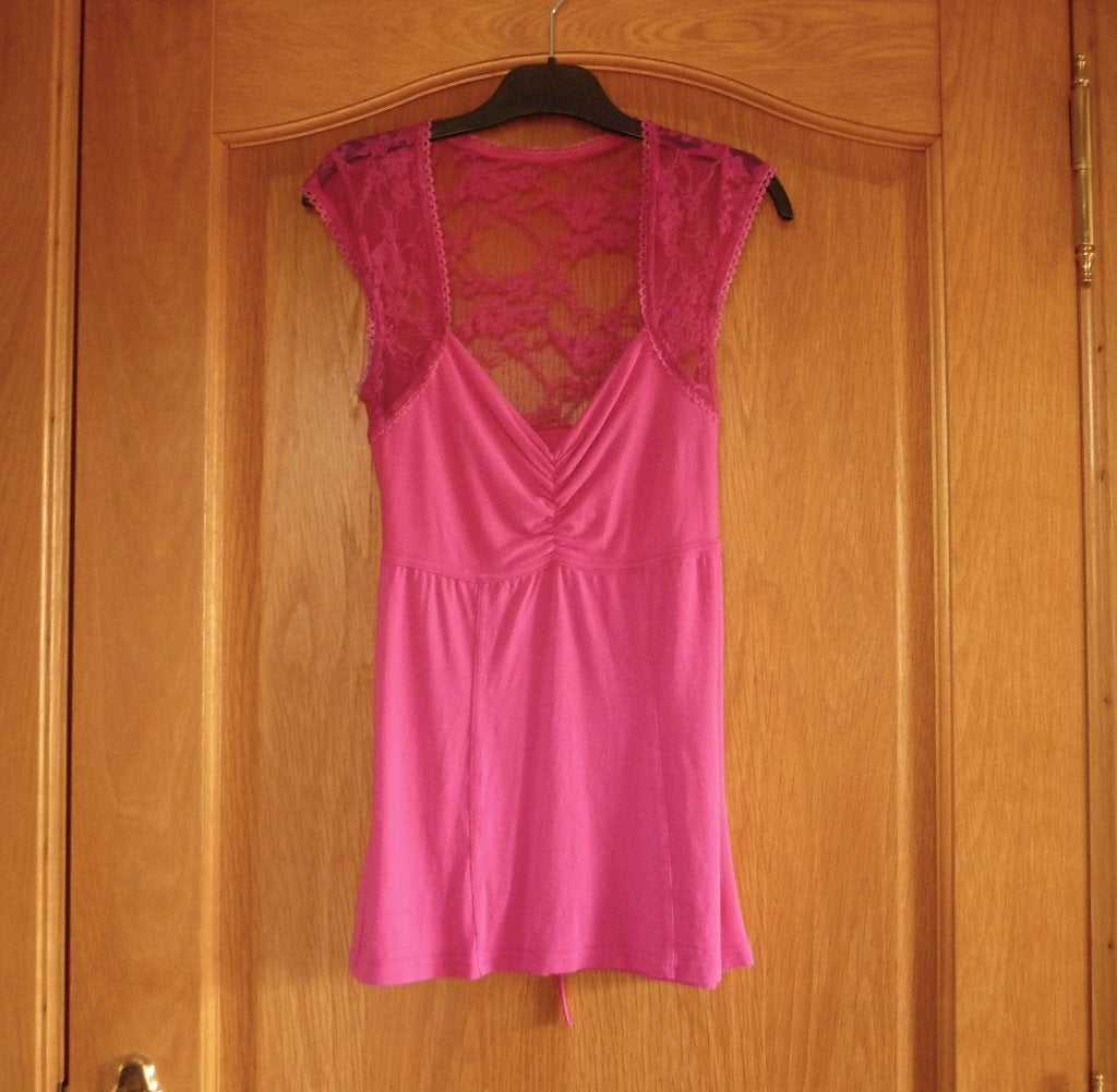 Fuchsia roze shirt top met kanten mouwen en rug lint Mt S-M, Ophalen of Verzenden, Maat 36 (S), Roze
