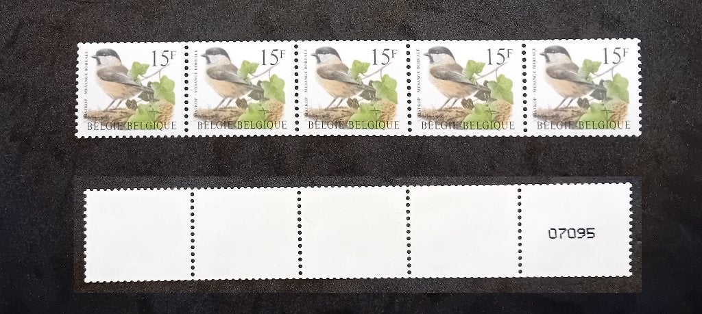 Rolzegels R83 Vogel matkop strook van 5 met nummer Buzin, Postzegels en Munten, Postzegels | Europa | België, Verzenden, Frankeerzegel