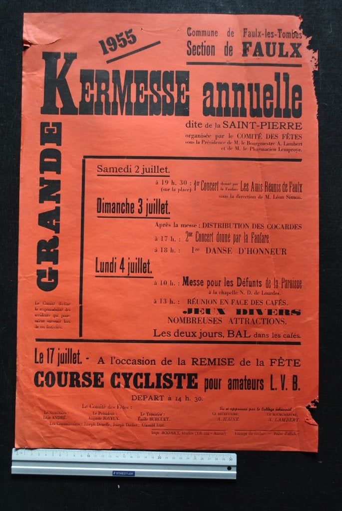 ANCIENNE AFFICHE 1955 FAULX-LES-TOMBES KERMESSE Cyclisme, Collections, Enlèvement ou Envoi, Utilisé