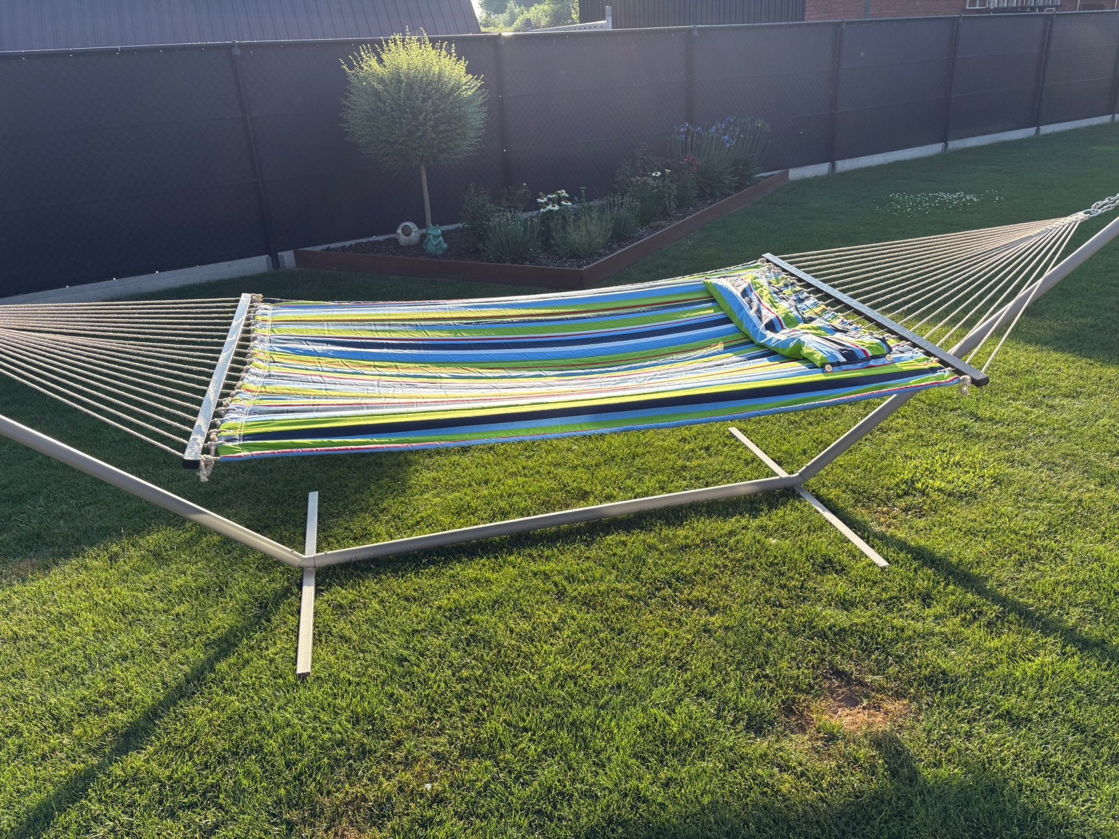 Gestreepte hangmat met staander, Tuin en Terras, Hangmatten, Ophalen, Zo goed als nieuw