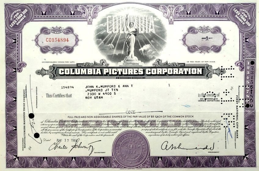 Origineel aandeel van Columbia Pictures uit 1964, Postzegels en Munten, Aandelen en Waardepapieren, Ophalen of Verzenden, 1950 tot 1970