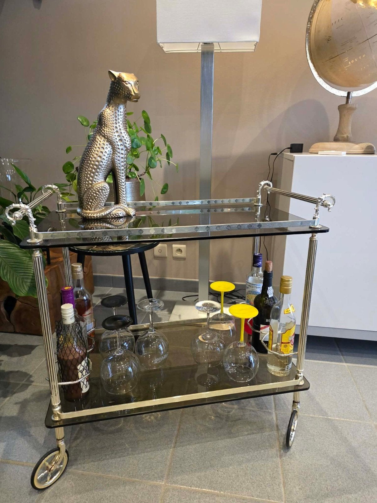 Desserte / Chariot de bar vintage 1970 – Verre fumé & Chrome, Enlèvement
