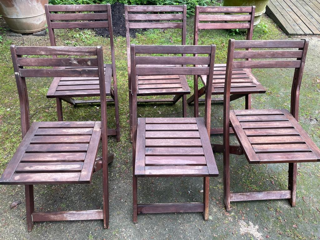 6 tuinstoelen, Tuin en Terras, Ophalen, Gebruikt, Hout, Stapelbaar