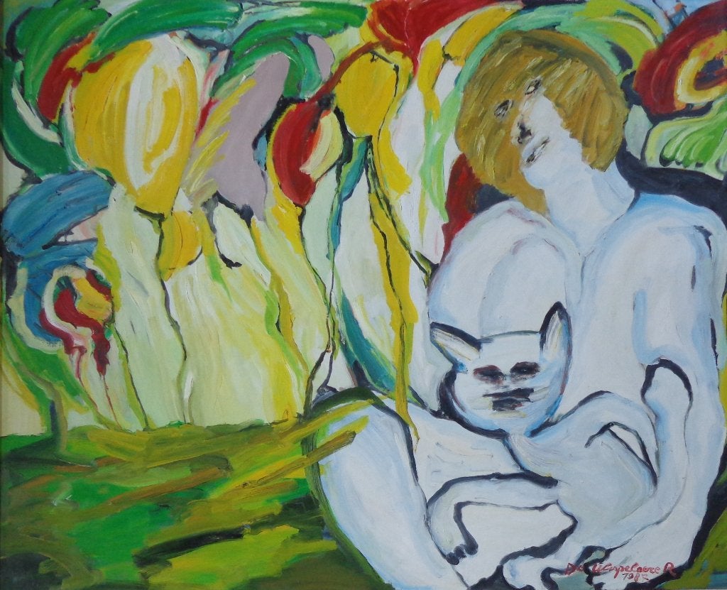 ROBERT DE WISPELAERE / BLOEMENTUIN OLIEVERF 104x126cm KADER, Ophalen, Figuren, Gesigneerd, Hout