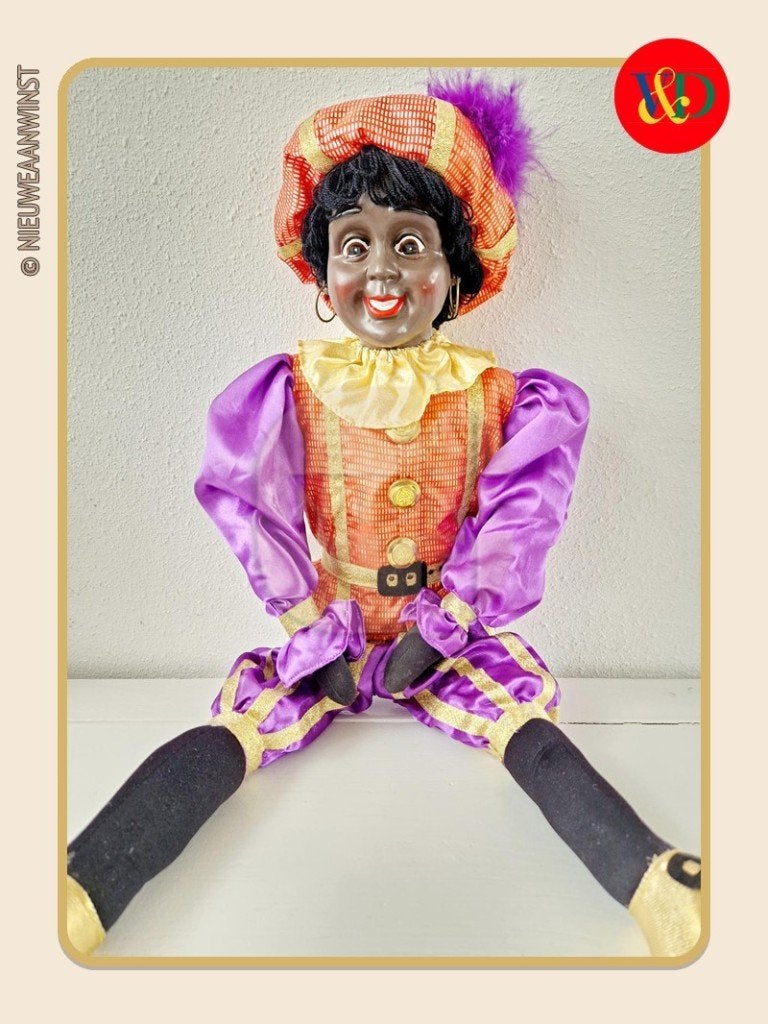 Nostalgische V&D etalage Piet pop - oranje/paars - 60cm, Verzenden, Zo goed als nieuw