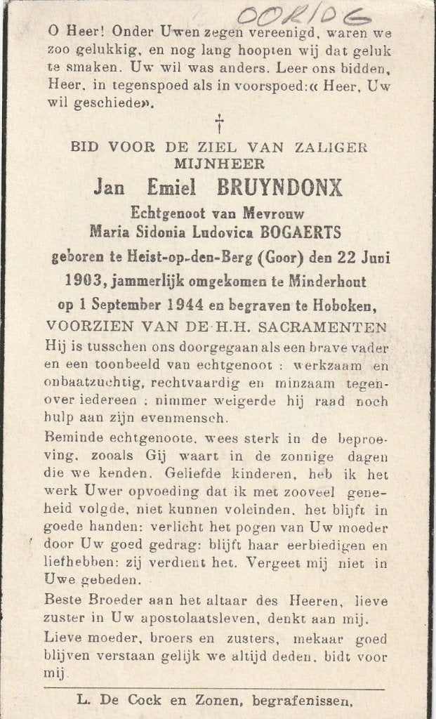 Oorlogsslachtoffer 1940-45  Jan Emiel Bruyndonx Minderhout, Verzamelen, Bidprentjes en Rouwkaarten, Verzenden
