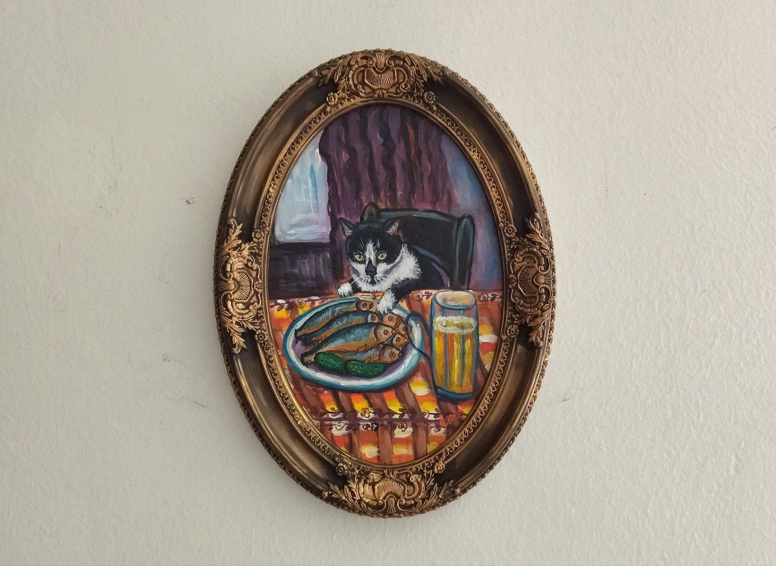 Origineel kattenschilderij De kattenpipet Handgemaakt frame, Antiek en Kunst, Ophalen of Verzenden, Overige materialen, Olieverf