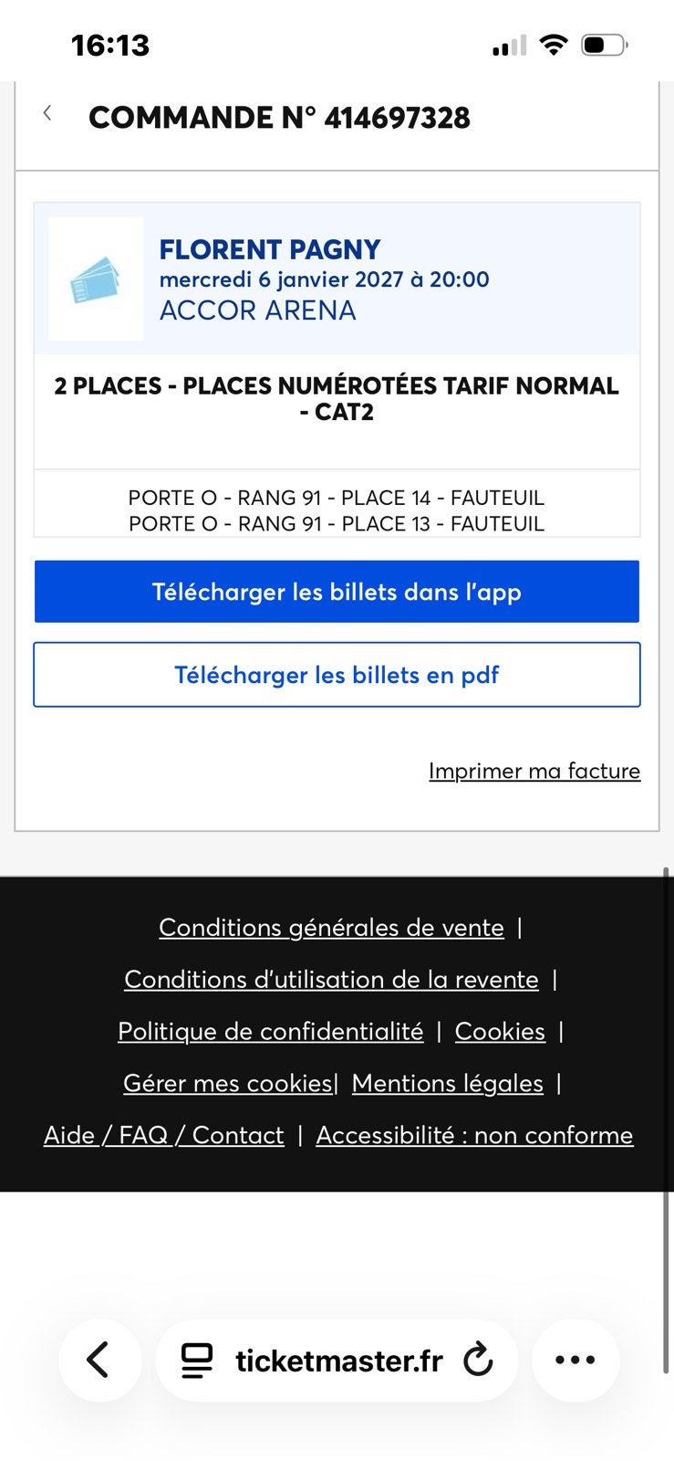 2 places de concert pr Florent Pagny à Paris (Arena), Tickets & Billets