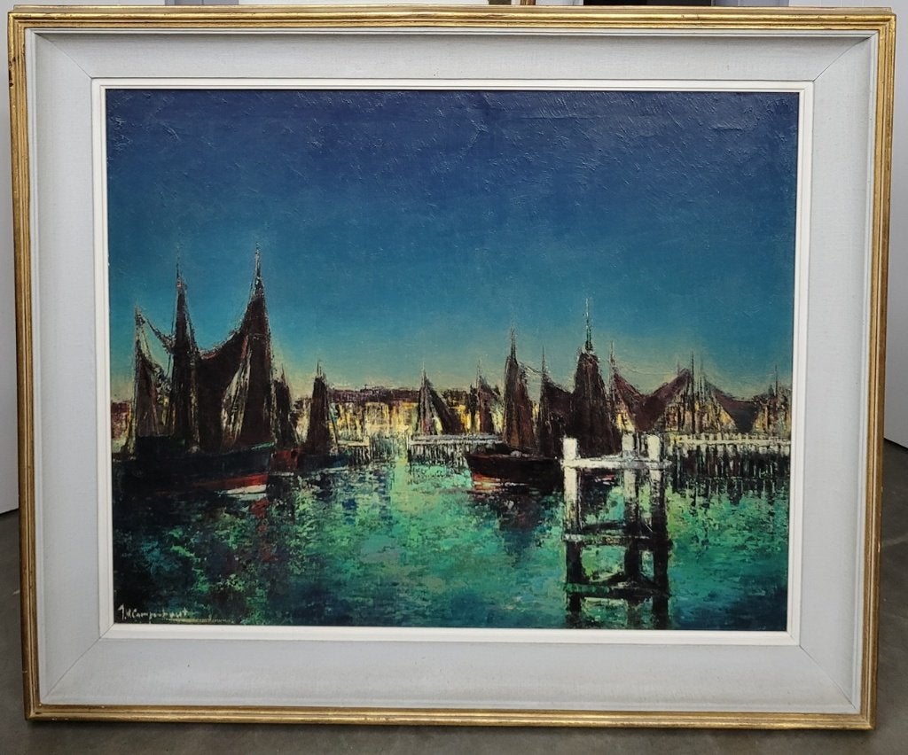 Jan VAN CAMPENHOUT, havengezicht bij avond, Antiquités & Art, Art | Peinture | Classique, Maritime / eau, Peinture à l'huile, Toile