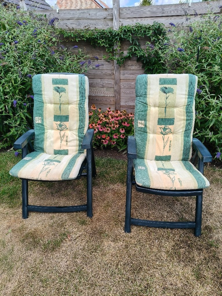 2 ligzetels + kussens, Jardin & Terrasse, Chaises longues, Enlèvement, Utilisé, Synthétique, Pliant