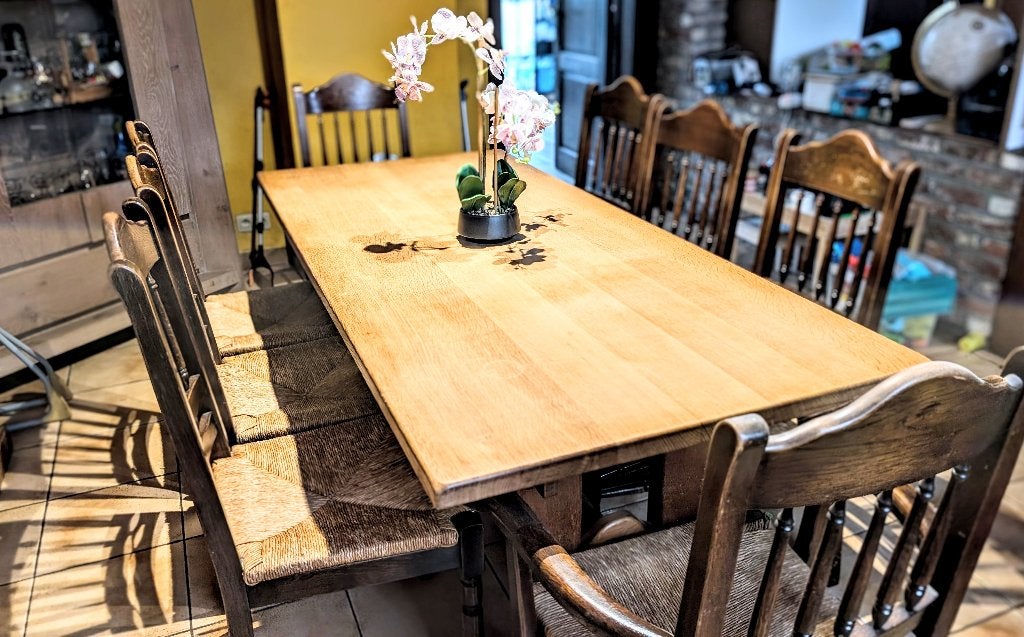 Grote uitschuifbare massief houten tafel + 8 stoelen, Ophalen