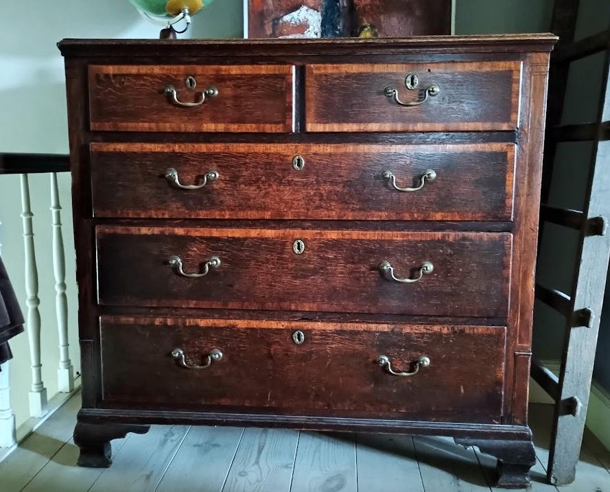 antieke Engelse vol-eiken commode, Georgian, 5 lades, Ophalen