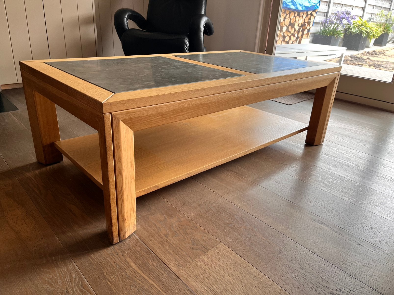 Eiken salontafel met marmeren steen - in zeer goede staat, Ophalen, Gebruikt, 100 tot 150 cm, Eikenhout
