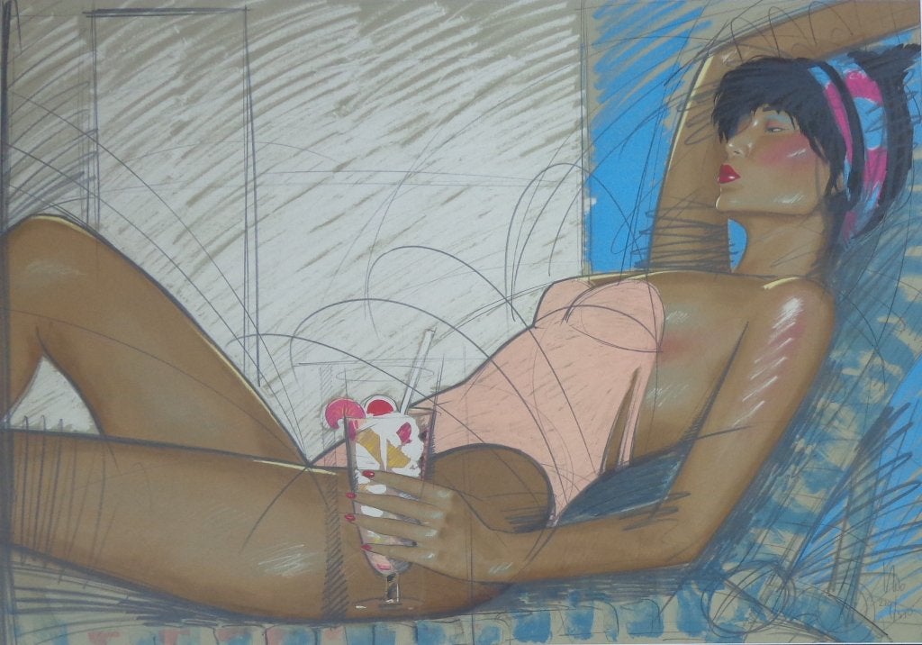NICO VRIELINK / ZONNEBAADSTER / KLEURLITHO / 98x125cm KADER, Antiek en Kunst, Kunst | Litho's en Zeefdrukken, Gesigneerd, Ophalen