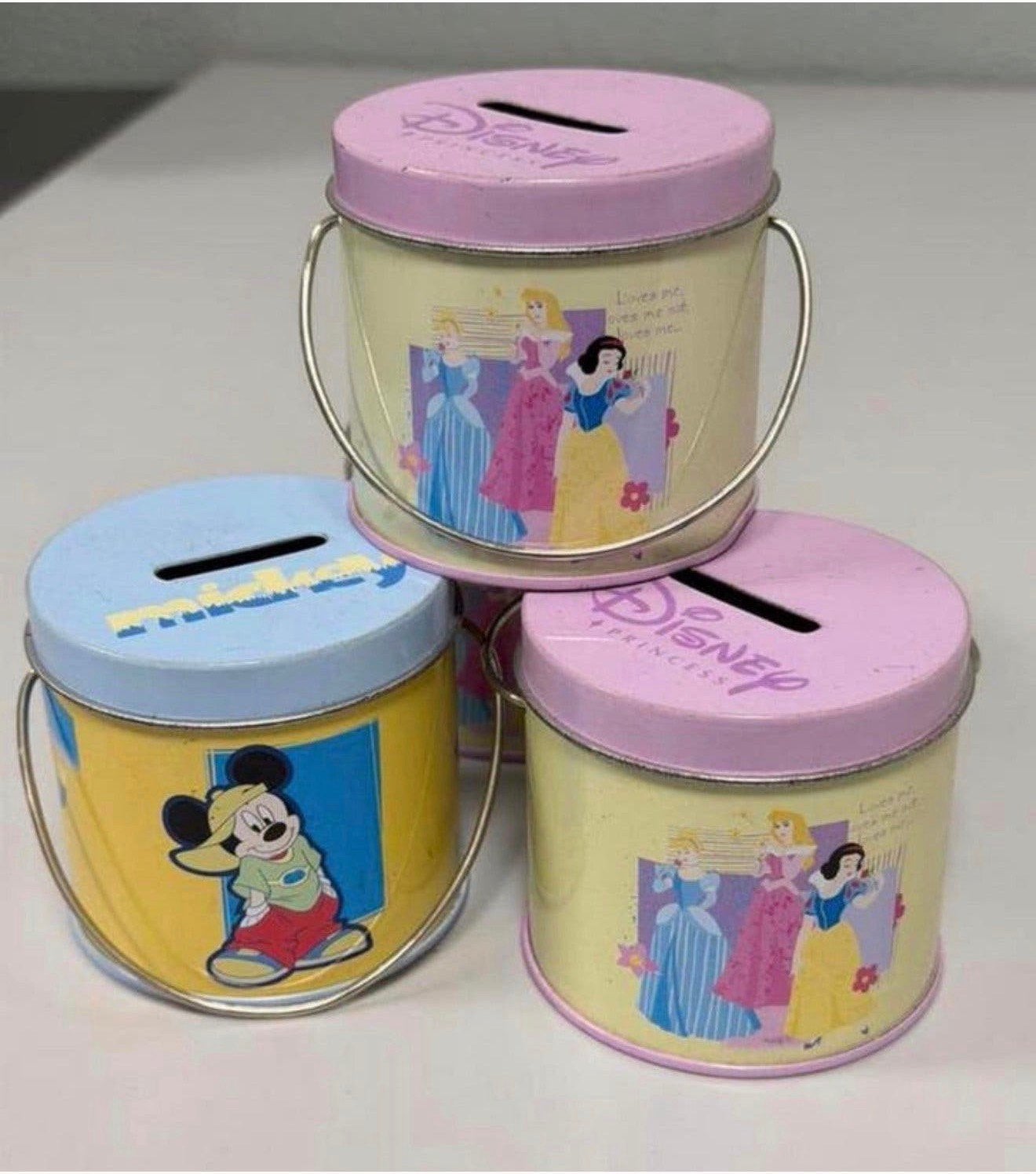 Vintage Disney Spaarpot Set Metaal – 4 Stuks Mickey Princess, Verzamelen, Ophalen of Verzenden, Zo goed als nieuw, Metaal of Blik